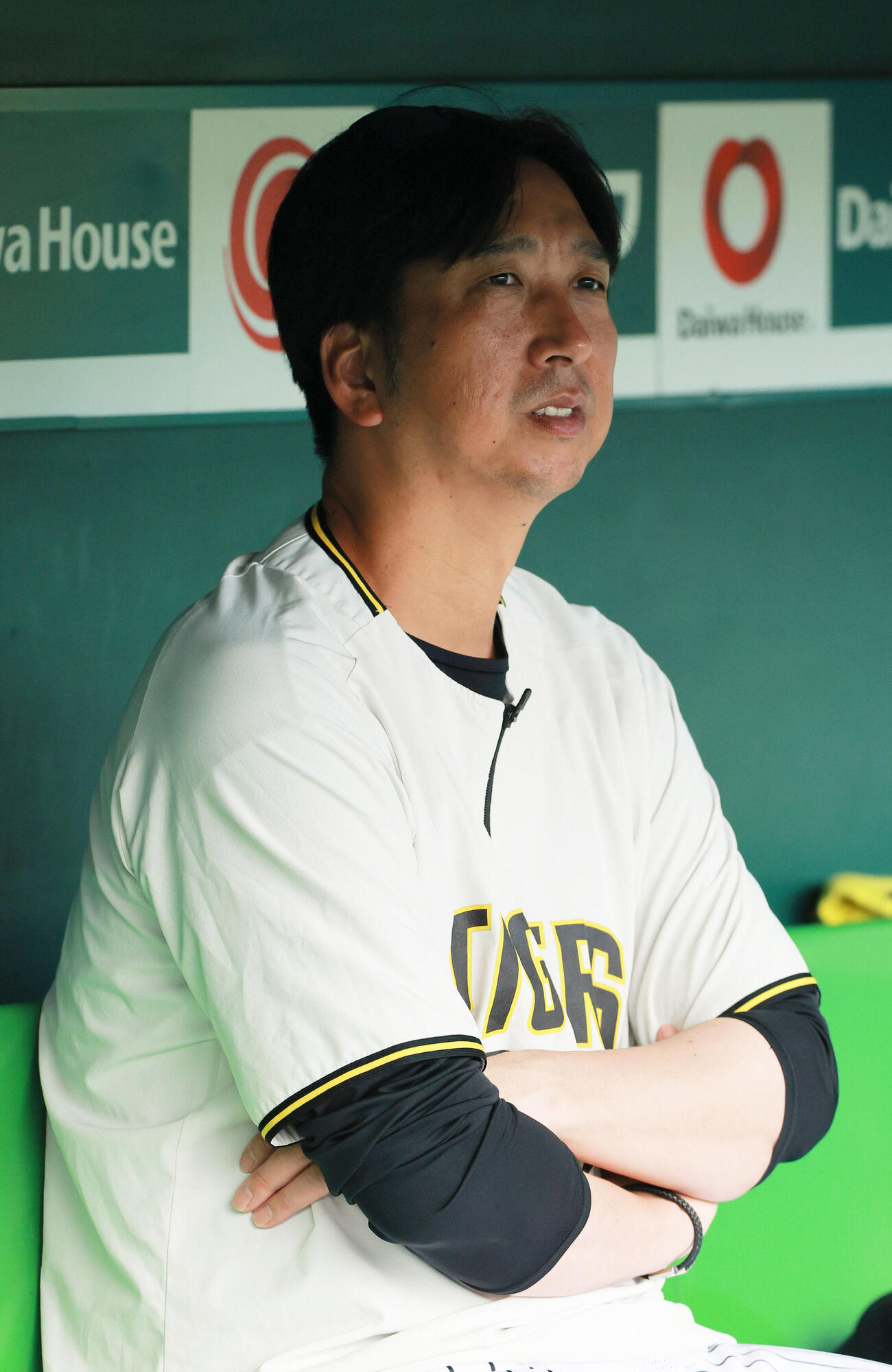 ベンチで練習を見守る阪神藤川球児監督（撮影・上山淳一）
