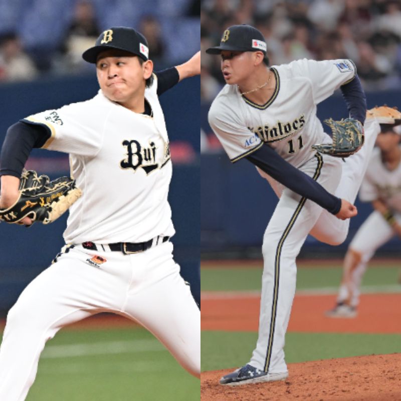 オリックス宮城大弥(左)と山下舜平大