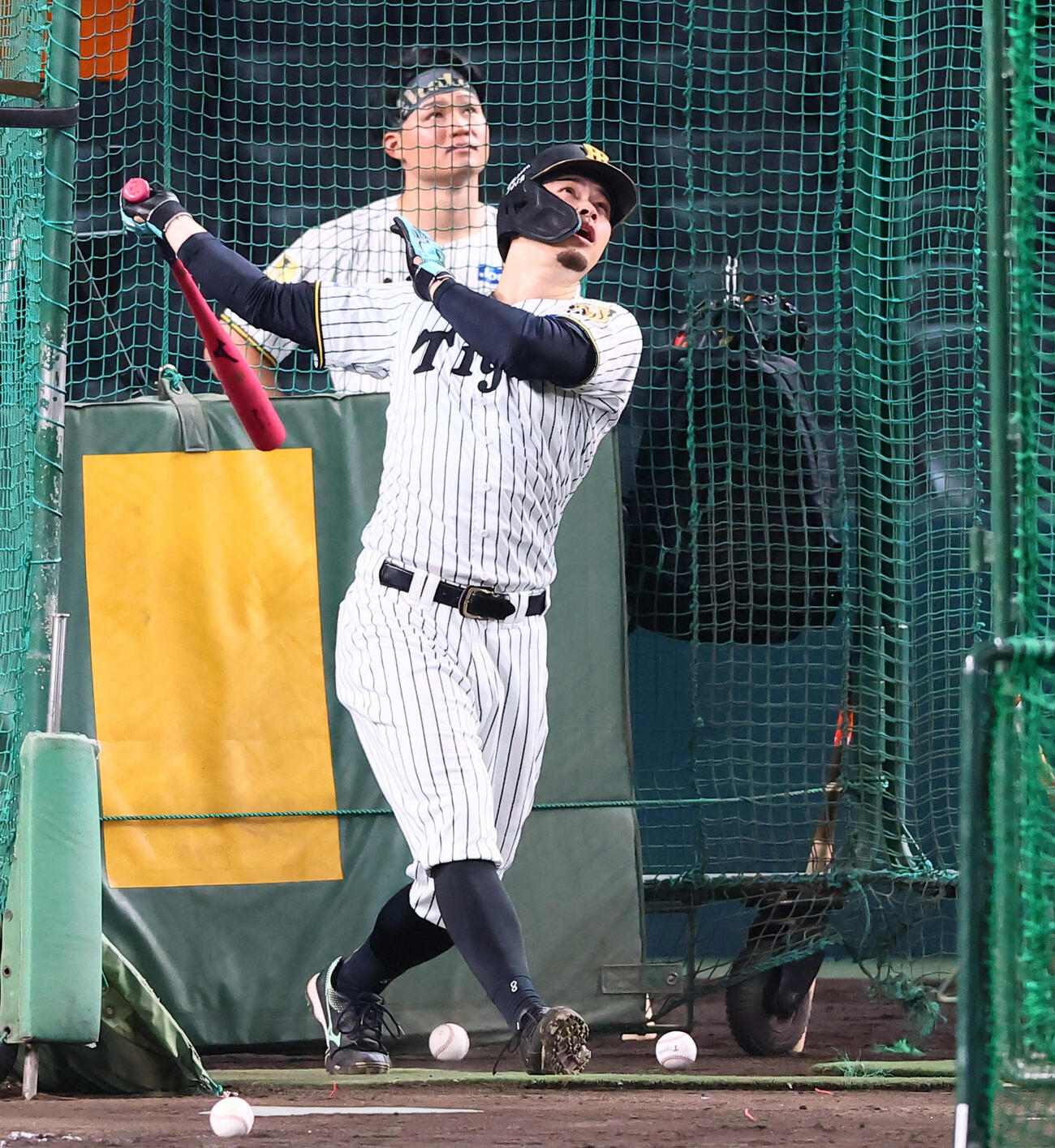 CSファイナル前日練習　打撃練習する阪神佐藤輝明。左は森下翔太（撮影・加藤哉）