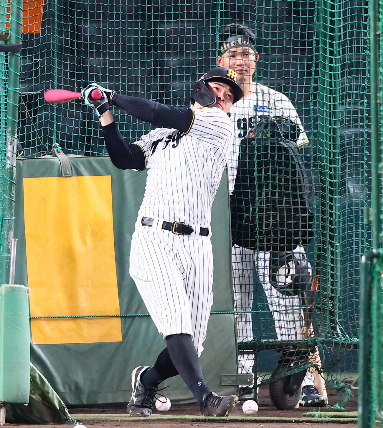 CSファイナル前日練習　打撃練習する阪神佐藤輝明。右は森下翔太（撮影・加藤哉）