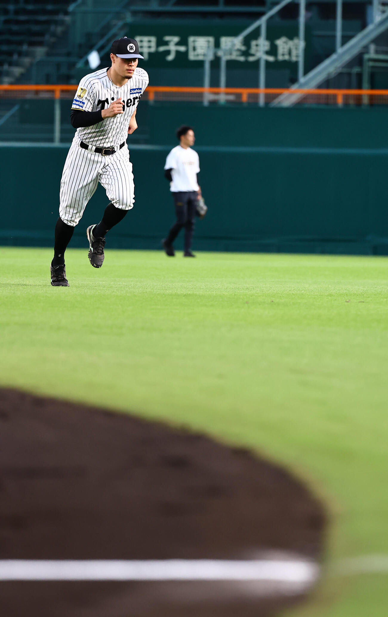 前日練習で外野をダッシュする阪神佐藤輝明（撮影・上田博志）