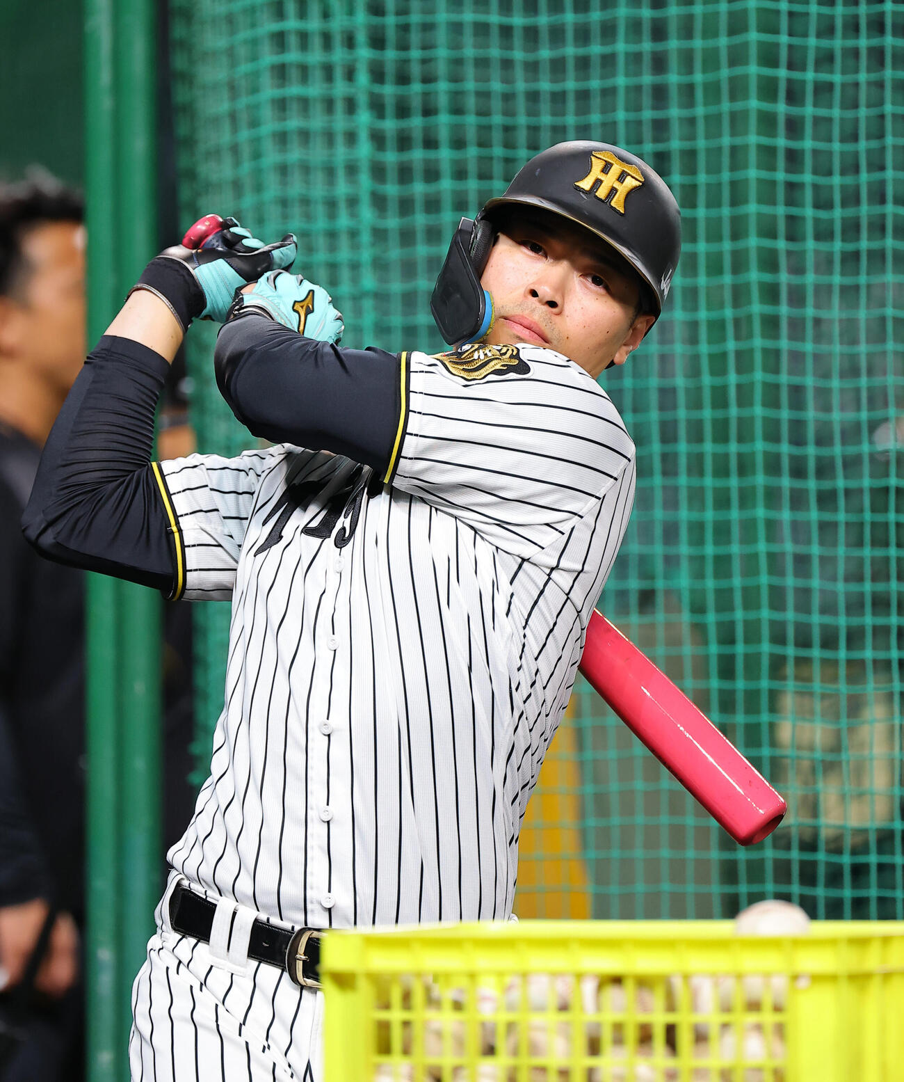 打撃練習をする佐藤輝明（撮影・上田博志）