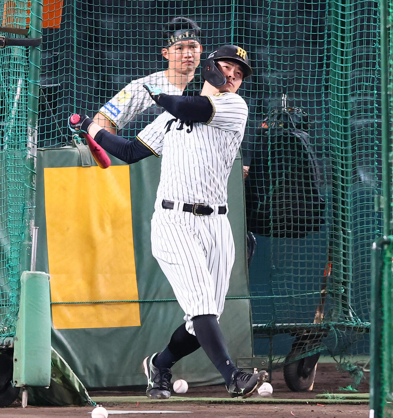 CSファイナル前日練習　打撃練習する阪神佐藤輝明。左は森下翔太（撮影・加藤哉）