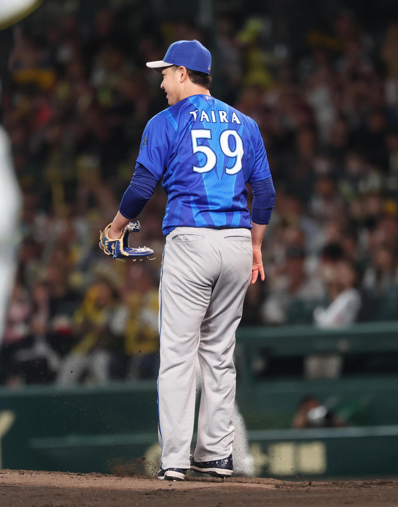 阪神対DeNA 5回裏阪神2死一塁、四球で近本光司の出塁を許しがっくりとする平良拳太郎（撮影・増田悦実）