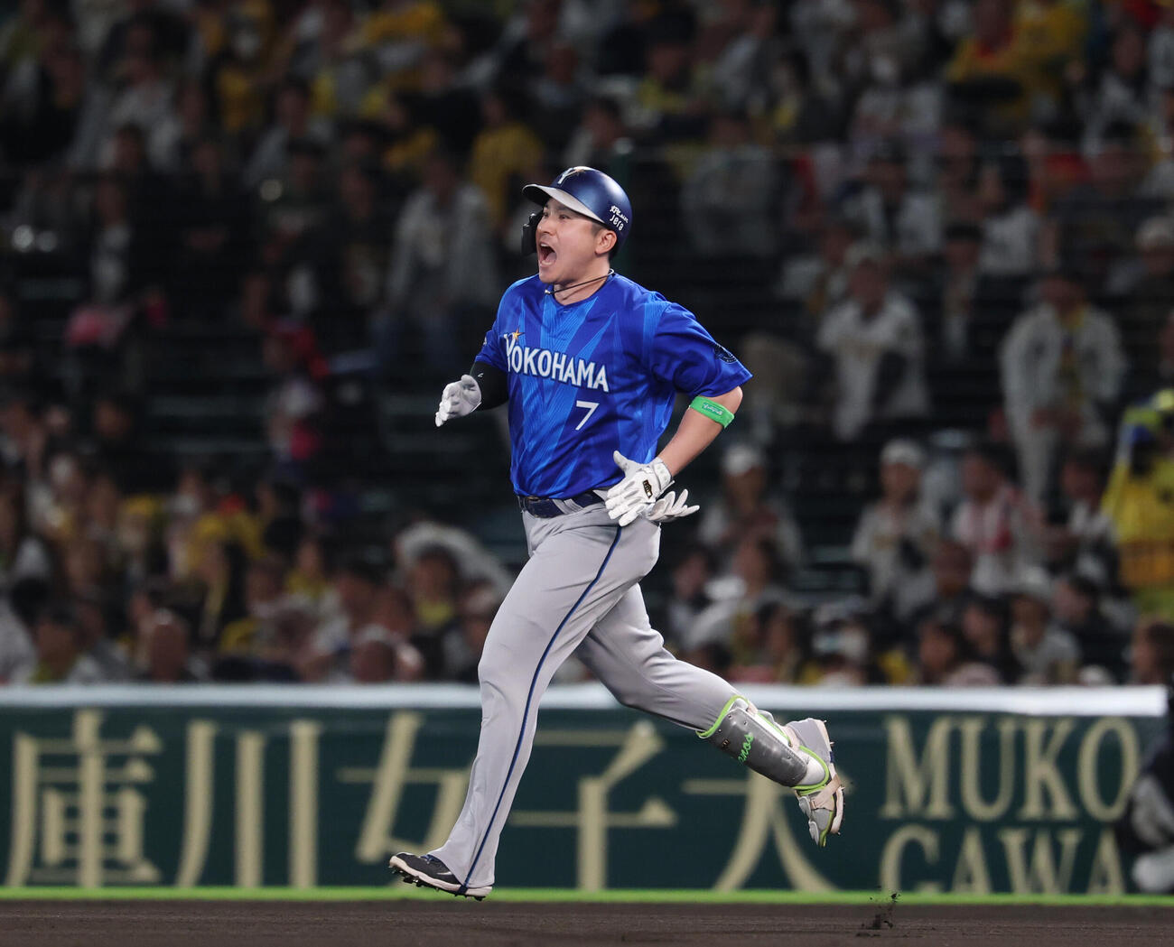 阪神対DeNA 6回表DeNA2死、本塁打放ち声を上げながらダイヤモンドを回る佐野恵太（撮影・増田悦実）