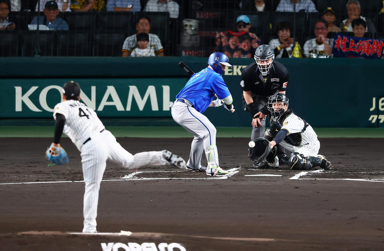 阪神対DeNA 1回表DeNA1死一塁、四球を選ぶ佐野恵太。投手村上頌樹（撮影・加藤哉）