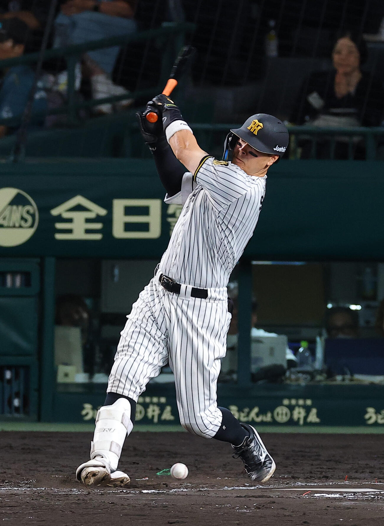 阪神対DeNA 8回裏阪神無死、佐藤輝明は左足に自打球を当てる（撮影・上田博志）