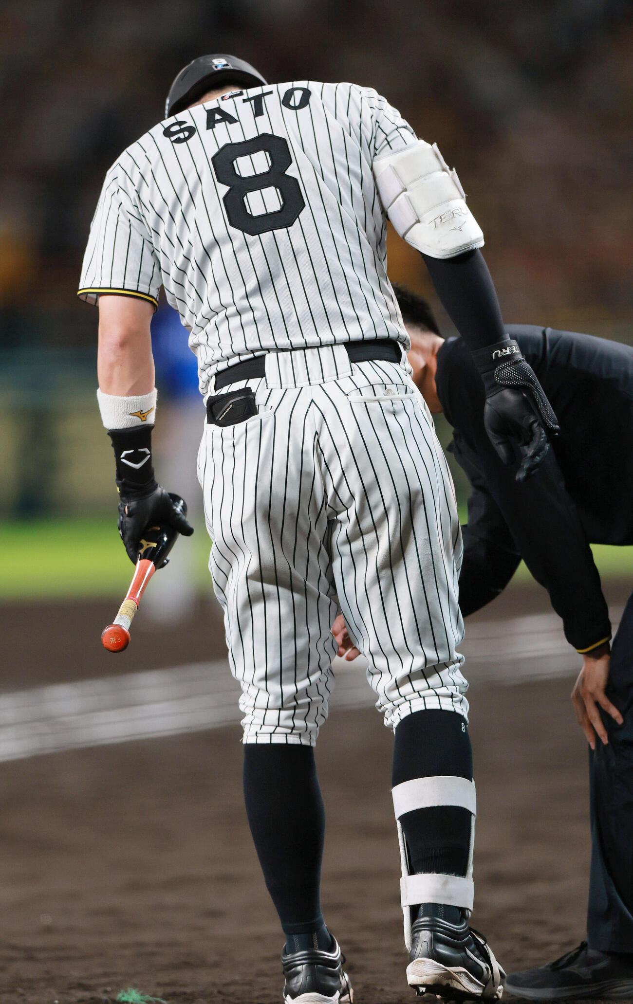 阪神対DeNA 8回裏阪神無死、佐藤輝明は自打球する（撮影・上山淳一）
