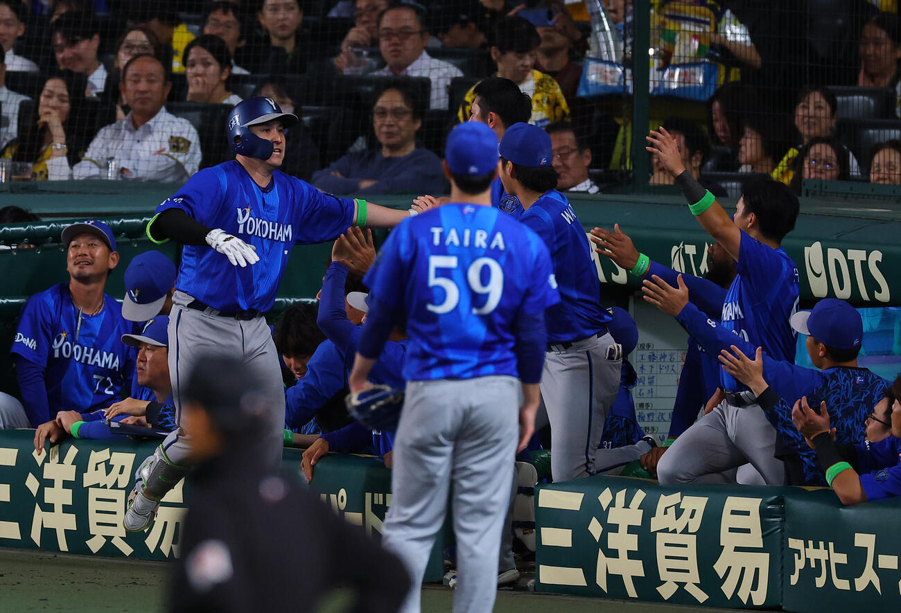 阪神対DeNA 6回表DeNA2死、本塁打を放った佐野恵太はナインとハイタッチをする（撮影・上田博志）