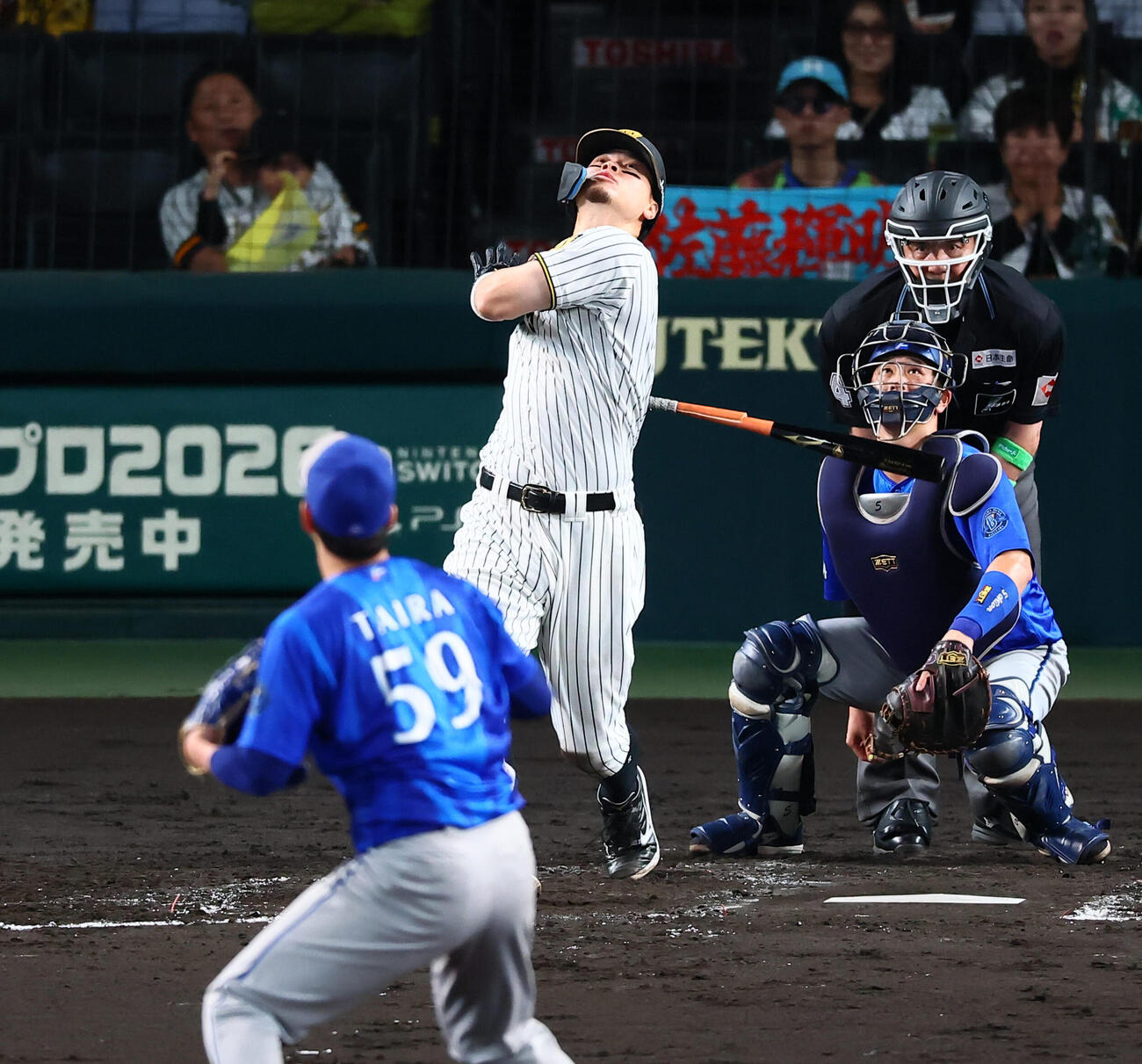 阪神対DeNA 4回裏阪神無死一塁、佐藤輝明は遊飛を打ち上げる。投手平良拳太郎（撮影・加藤哉）