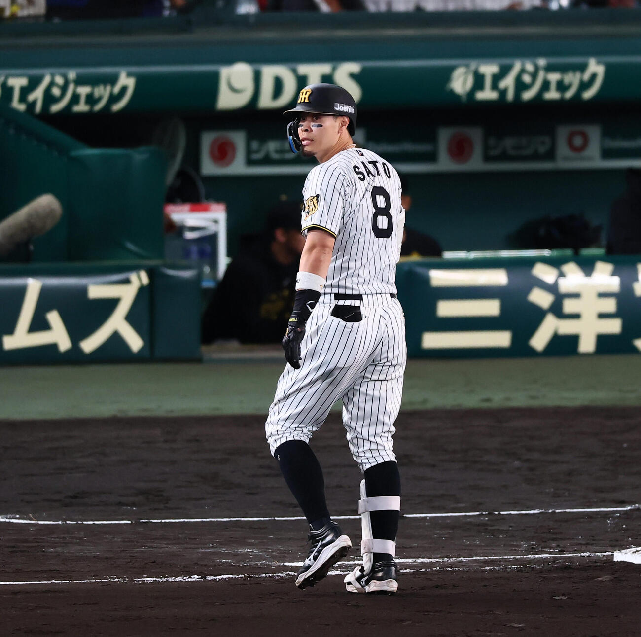 阪神対DeNA 8回裏阪神無死、中飛を打ち上げベンチへ引き揚げる佐藤輝明（撮影・加藤哉）
