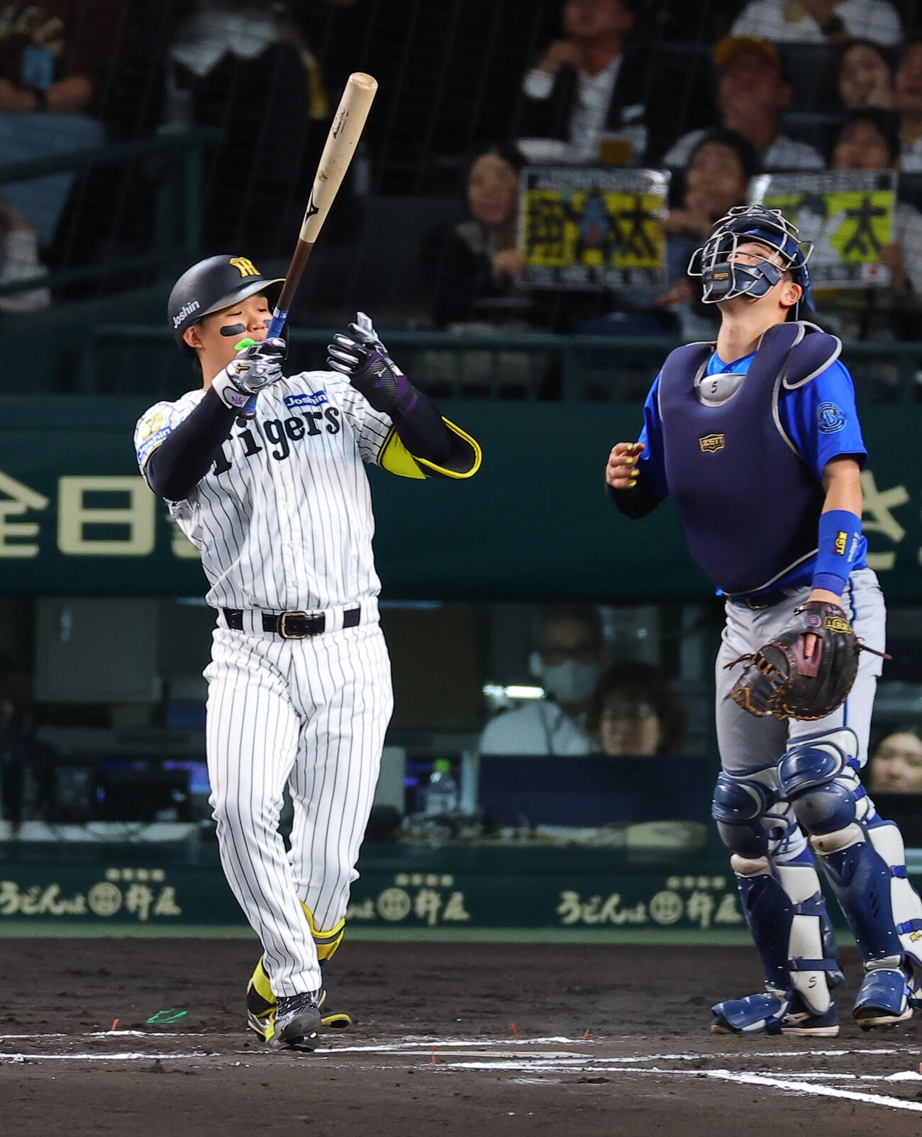 阪神対DeNA 6回裏阪神無死、遊飛に倒れた森下翔太は左手を見つめる（撮影・上田博志）