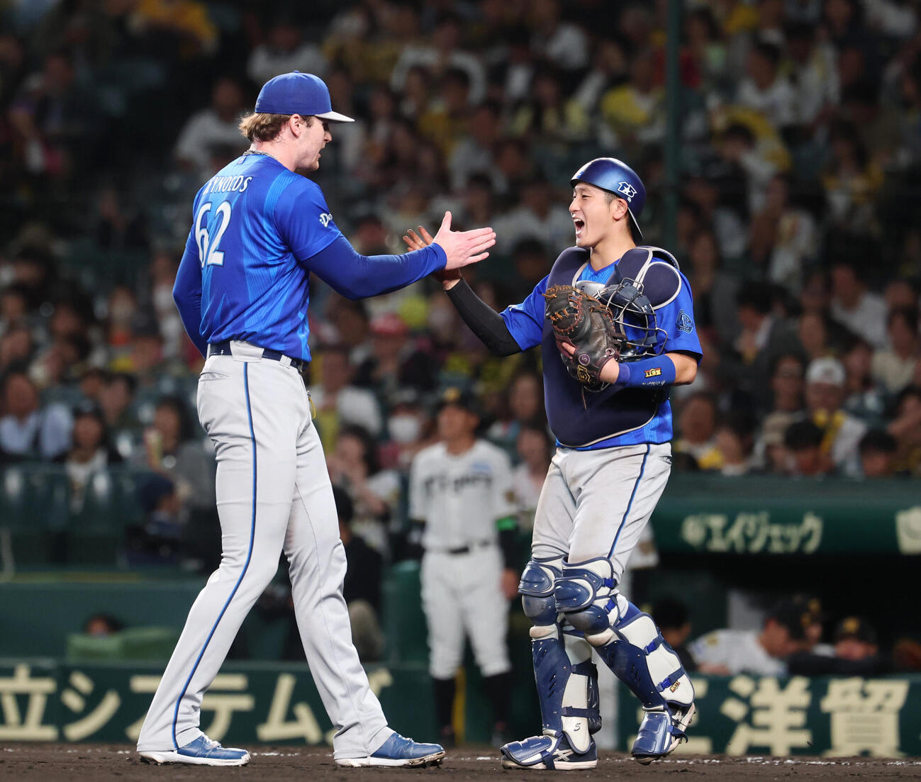 阪神対DeNA　勝利しタッチを交わすDeNA松尾汐恩（右）とショーン・レイノルズ（撮影・増田悦実）