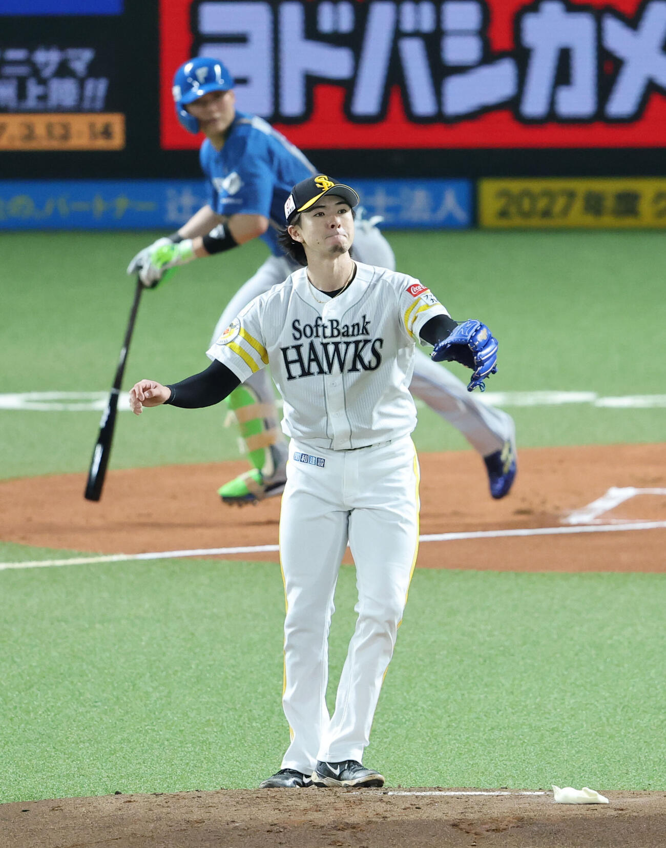 ソフトバンク対日本ハム　1回表日本ハム無死一、二塁、清宮幸太郎に左前先制適時打を浴びた上沢直之　（撮影・梅根麻紀）