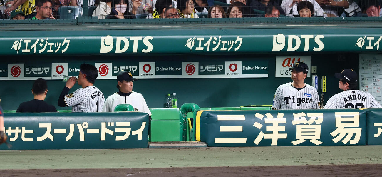 阪神対DeNA 6回裏を終えベンチに戻った森下翔太（左）の様子をうかがう藤川球児監督（撮影・加藤哉）