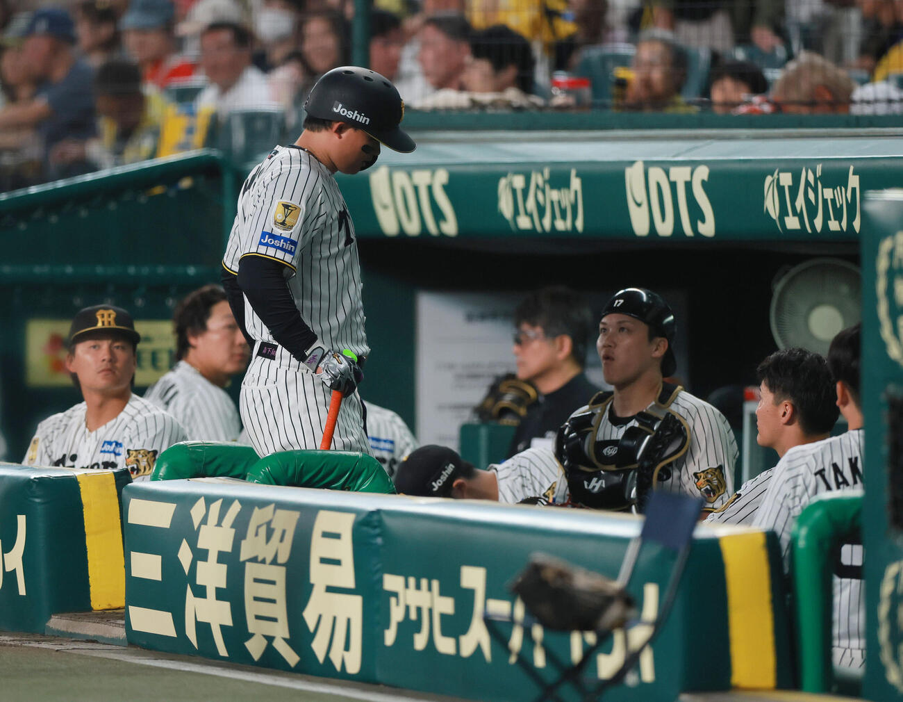 阪神対DeNA 6回裏阪神2死、二ゴロに倒れた森下翔太は足を気にしながらベンチに引き揚げる（撮影・上山淳一）