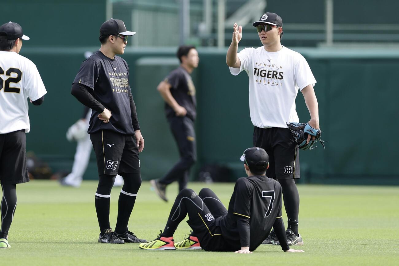 阪神対DeNA　試合前練習に臨む阪神森下翔太（右）ら（撮影・前田充）