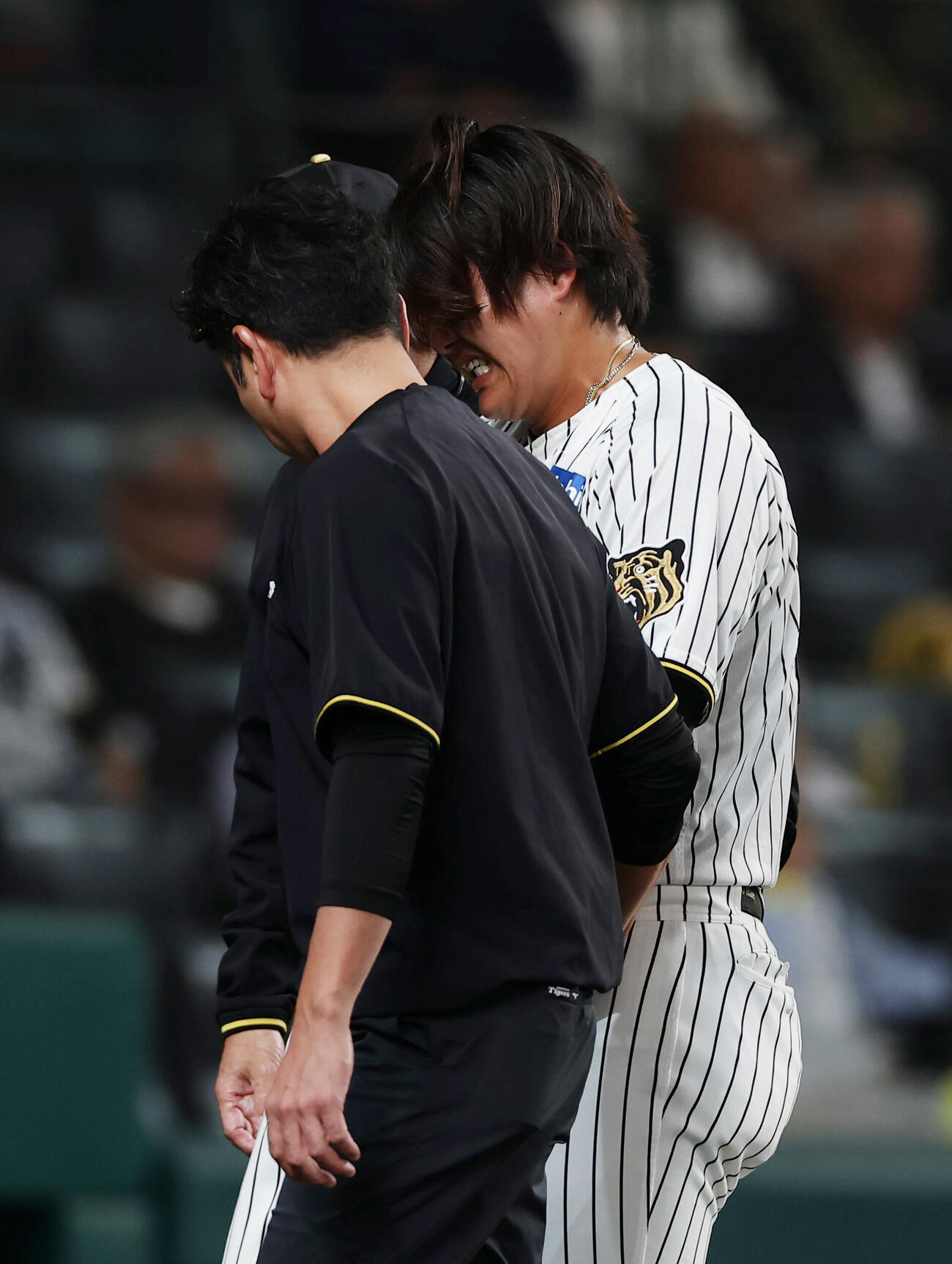 阪神対DeNA 2回裏阪神無死、死球を受け苦悶（くもん）の表情でベンチへ下がる前川右京（撮影・前田充）