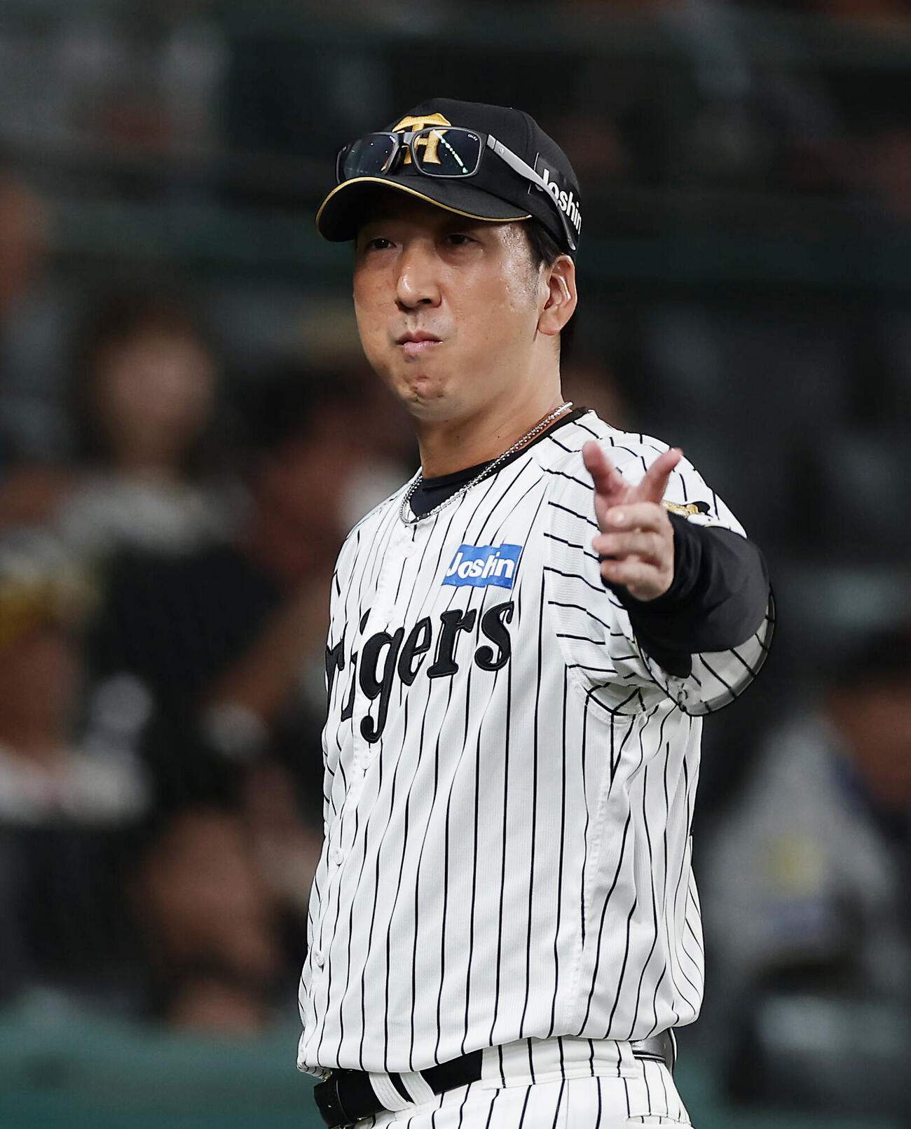 阪神対DeNA 2回裏阪神無死一塁、前川右京に代走岡城快生を送る藤川球児監督（撮影・前田充）