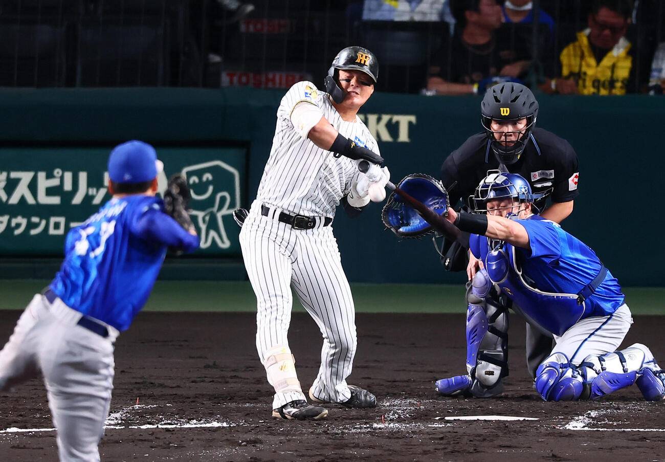 阪神対DeNA 2回裏阪神無死、死球を受ける前川右京。投手片山皓心（撮影・加藤哉）
