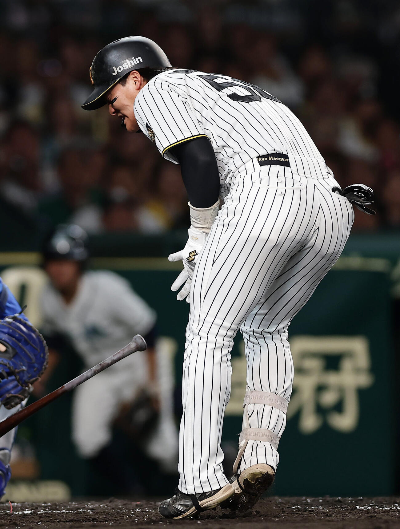 阪神対DeNA 2回裏阪神無死、死球を受けた前川右京（撮影・前田充）