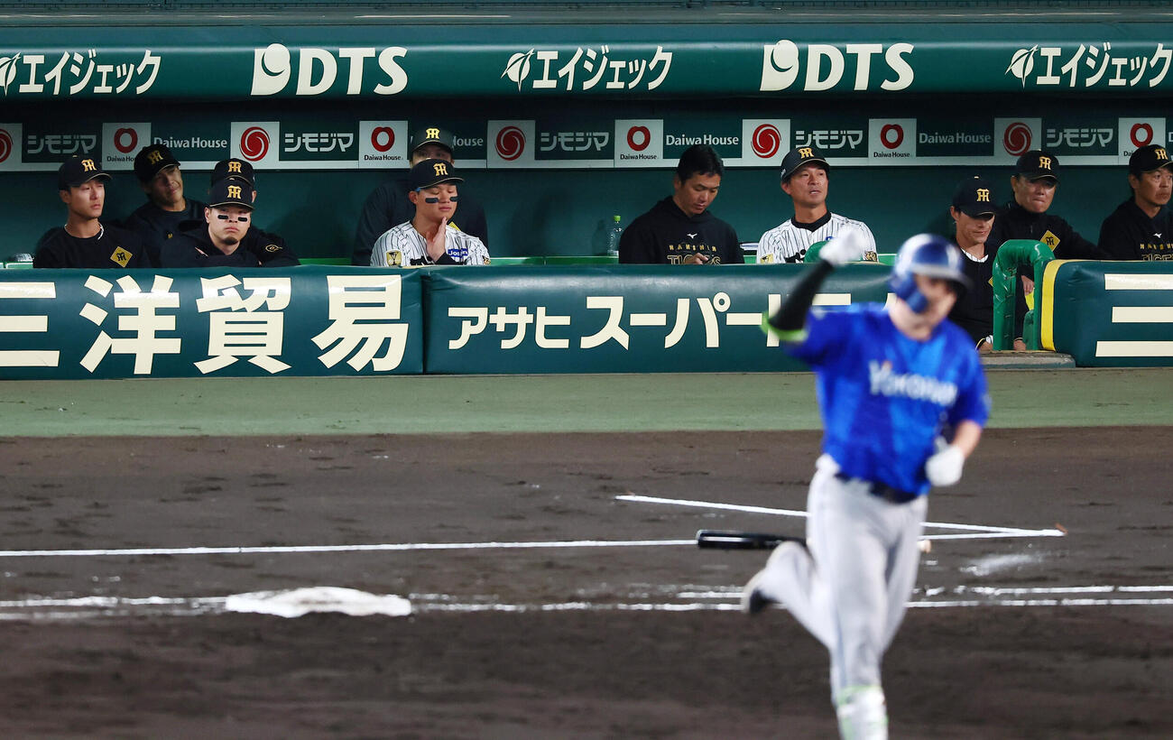 阪神対DeNA 3回表DeNA1死二、三塁、佐野恵太の3点本塁打をベンチから見る佐藤輝明（左）と森下翔太（撮影・加藤哉）