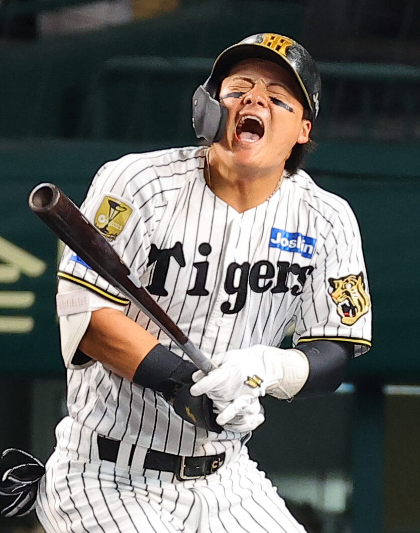 阪神対DeNA 2回裏阪神無死、前川右京は死球を受ける（撮影・上田博志）