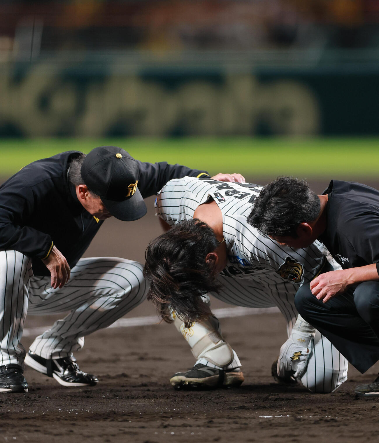 阪神対DeNA 2回裏阪神無死、前川右京（中央）は死球にうずくまる（撮影・上山淳一）