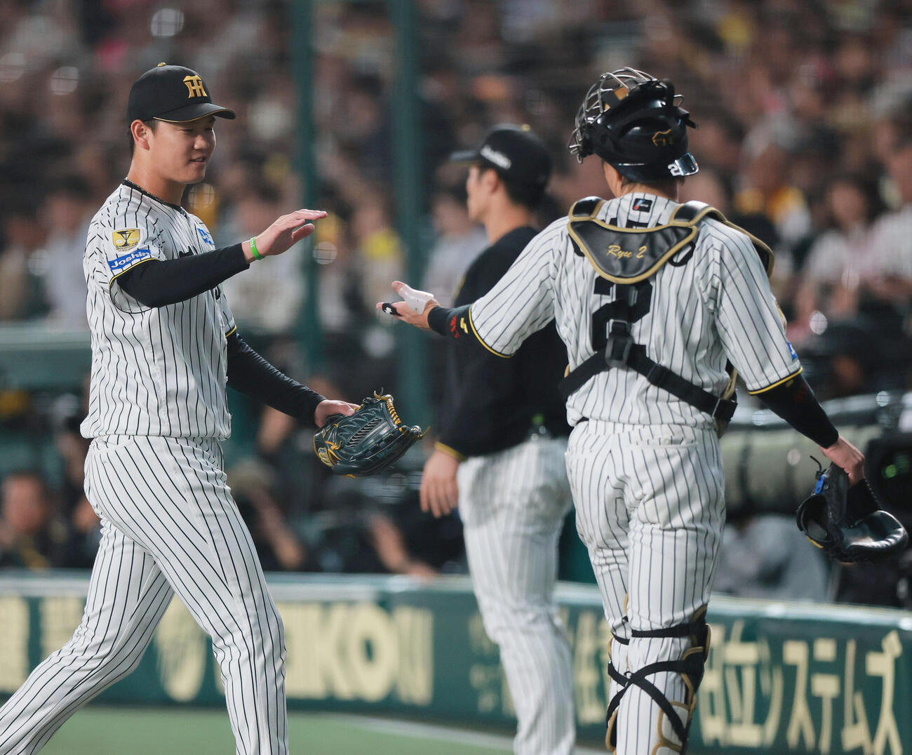 阪神対DeNA 6回を無失点で投げ終えベンチへ引き揚げる阪神及川雅貴（左）と捕手梅野隆太郎（撮影・上山淳一）