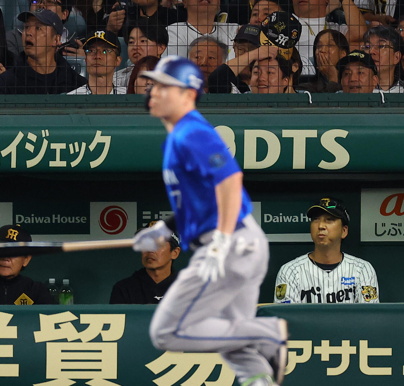 阪神対DeNA 3回表DeNA1死二、三塁、藤川球児監督（右）は佐野恵太の先制3点本塁打の打球を見守る（撮影・上田博志）
