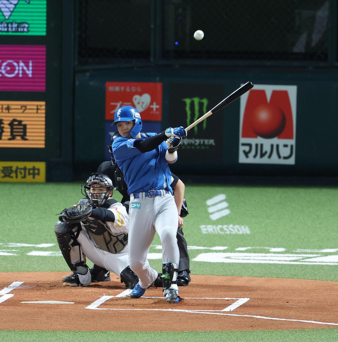 ソフトバンク対日本ハム1回表日本ハム無死、郡司裕也は左越え二塁打を放つ（撮影・梅根麻紀）