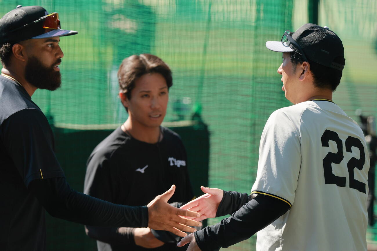 阪神対DeNA　試合前、阪神藤川球児監督（右）と握手をかわすデルミス・ガルシア（撮影・上山淳一）＝2026年10月17日、阪神甲子園球場