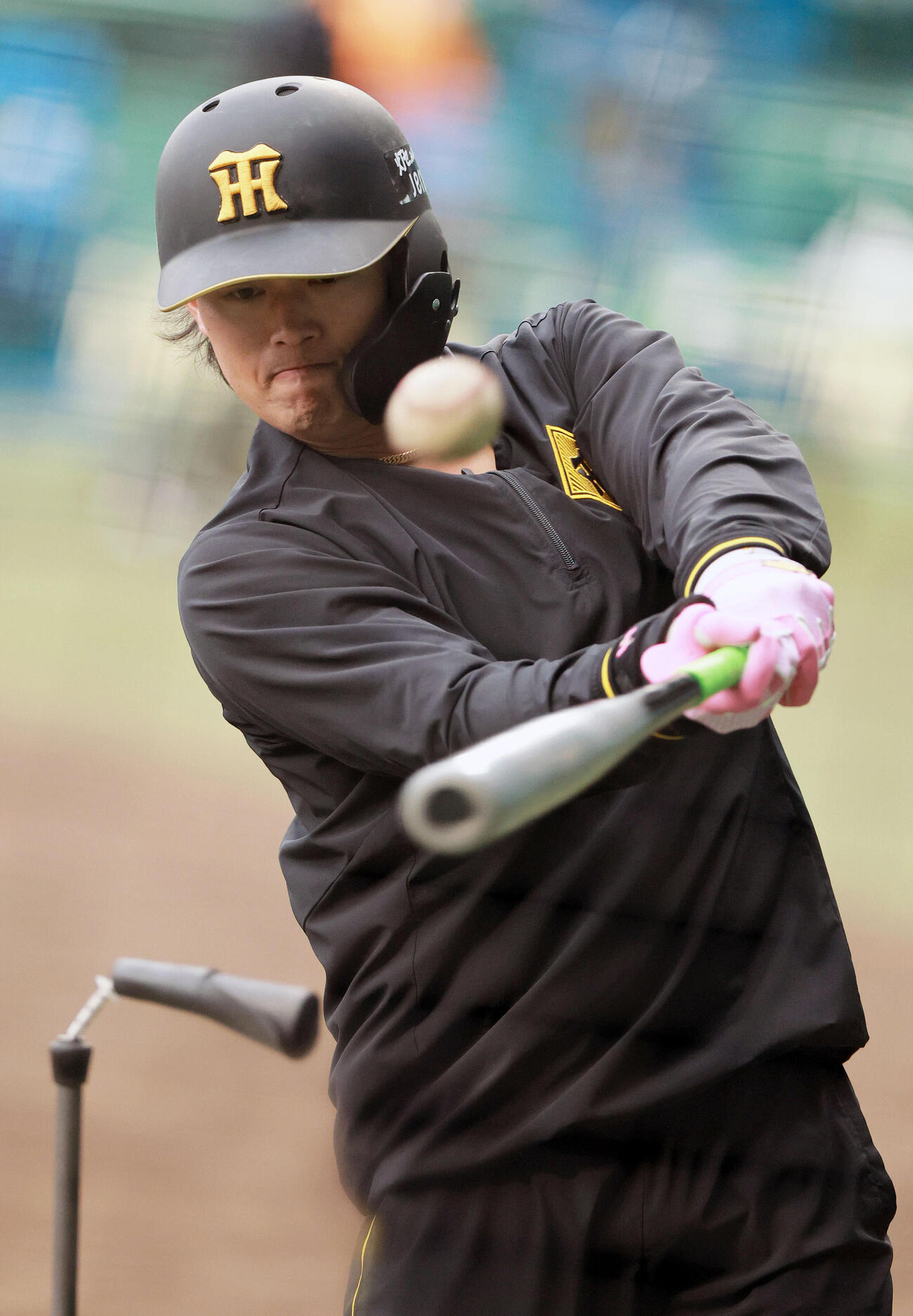 16日、ティー打撃を行う阪神浜田太貴（撮影・上山淳一）