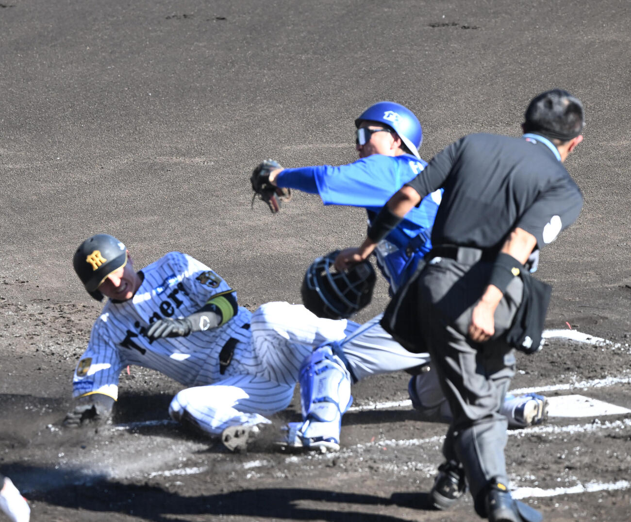 阪神対DeNA 1回裏阪神2死一、二塁、大山の左前適時打で生還する近本光司、捕手古市尊（撮影・和賀正仁）