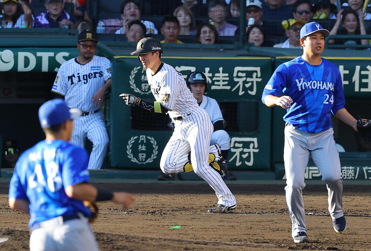 阪神対DeNA 6回裏阪神2死三塁、近本光司（中央）の打球は宮崎敏郎のファンブルを誘い同点となる（撮影・上田博志）