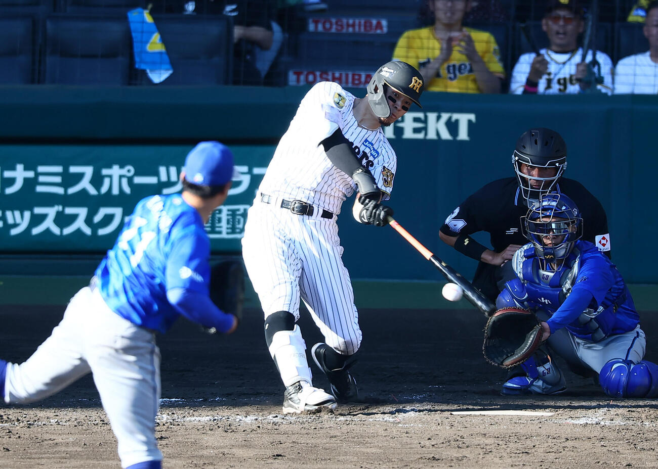 阪神対DeNA 5回裏阪神1死、佐藤輝明は右前打を放つ。投手東克樹（撮影・加藤哉）
