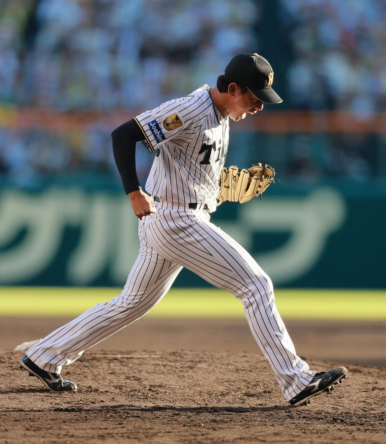 阪神対DeNA 6回表DeNA2死一、三塁、神宮僚介は成瀬脩人を空振り三振に仕留め雄たけびを上げる（撮影・上山淳一）