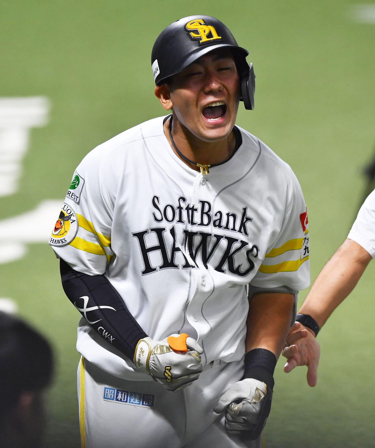 ライブBPで本塁打を放ち、雄たけびをあげるソフトバンク池田栞太（撮影・岩下翔太）