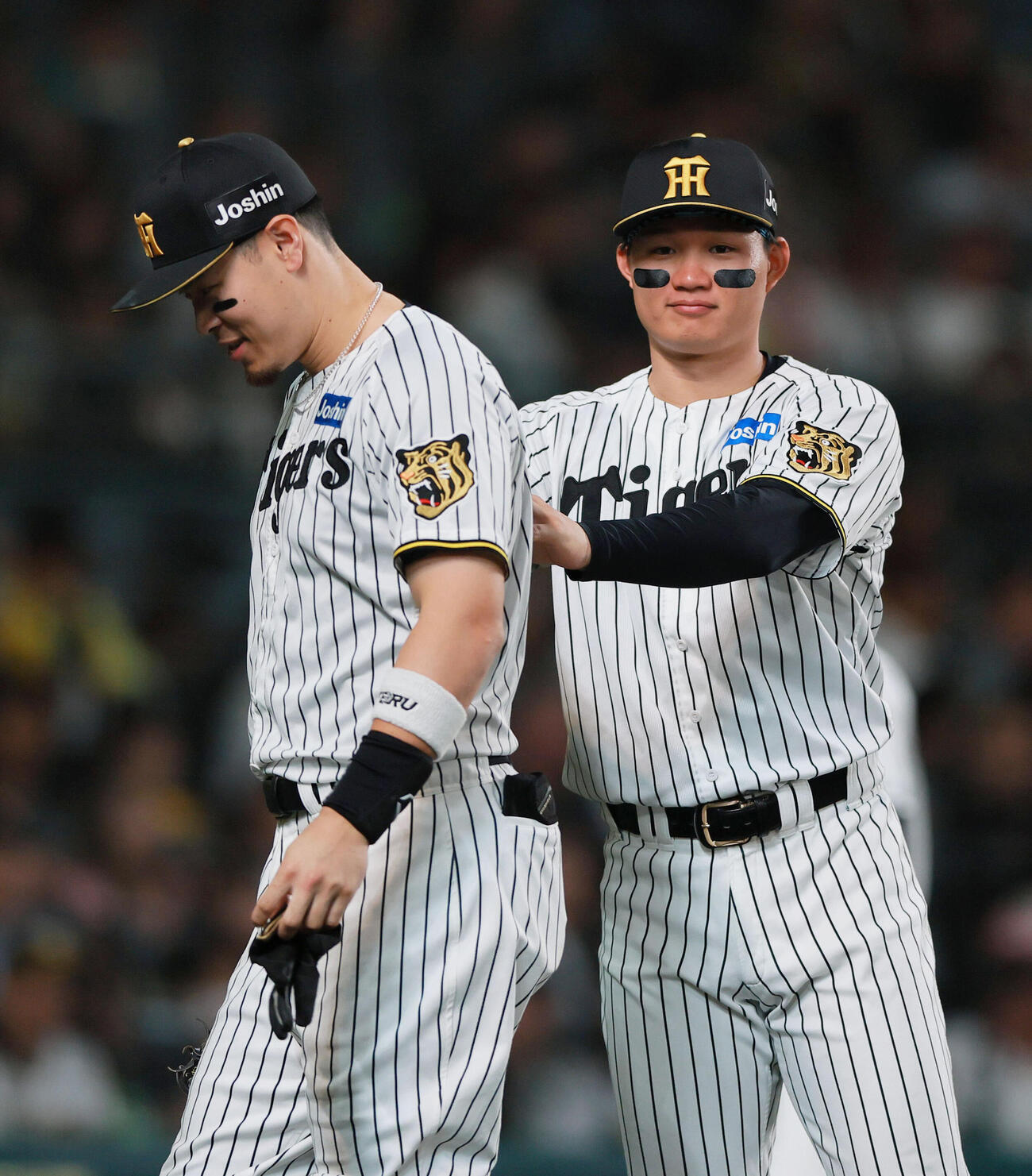 佐藤輝明（左）の背中を押す森下翔太（2026年撮影）