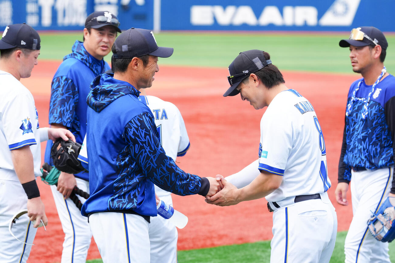 日本シリーズ前日練習でDeNA神里和毅（中央右）と握手を交わす相川亮二監督（撮影・江口和貴）