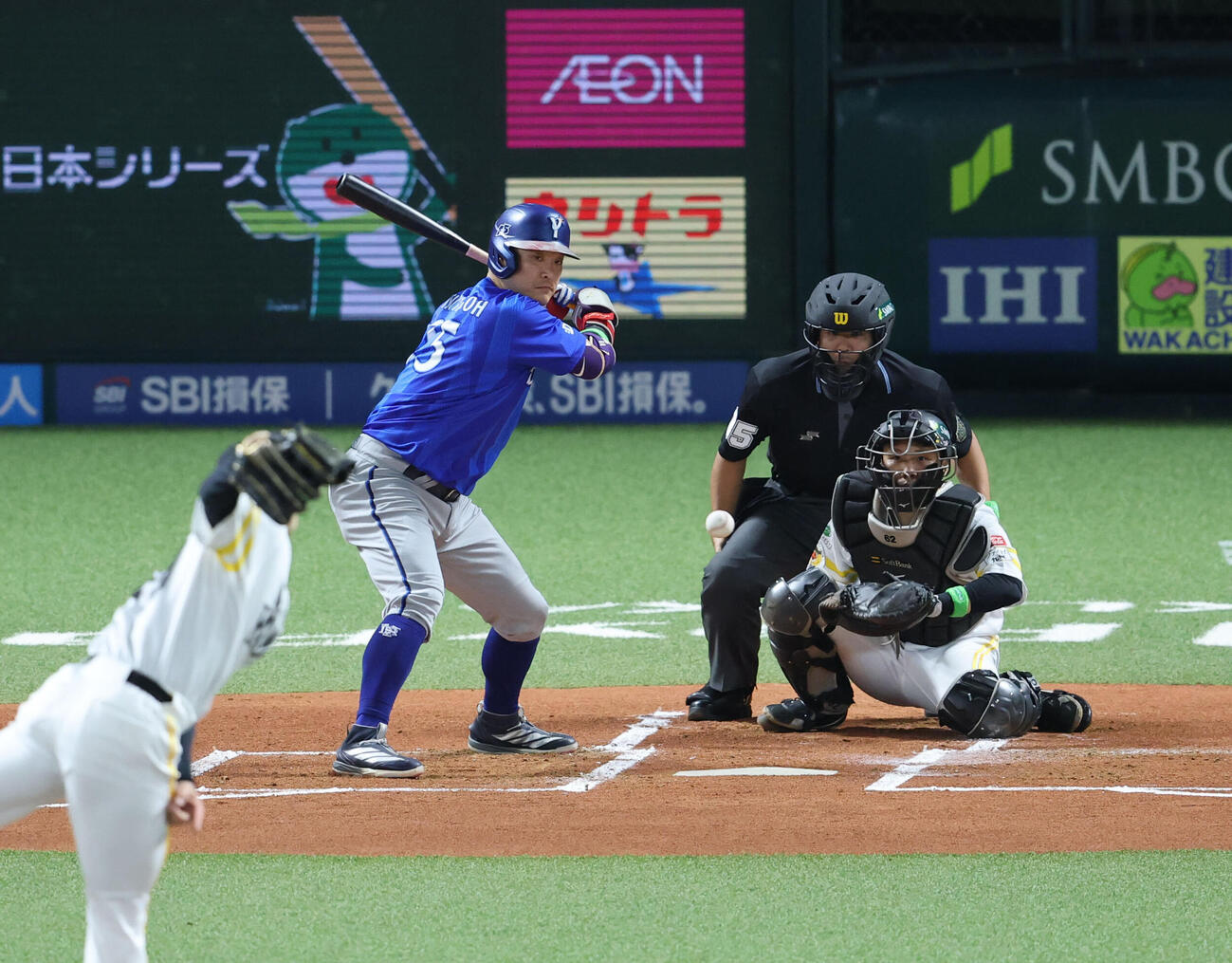 ソフトバンク対DeNA 1回表DeNA2死二塁、筒香嘉智は見逃しの三振に終わる（撮影・梅根麻紀）