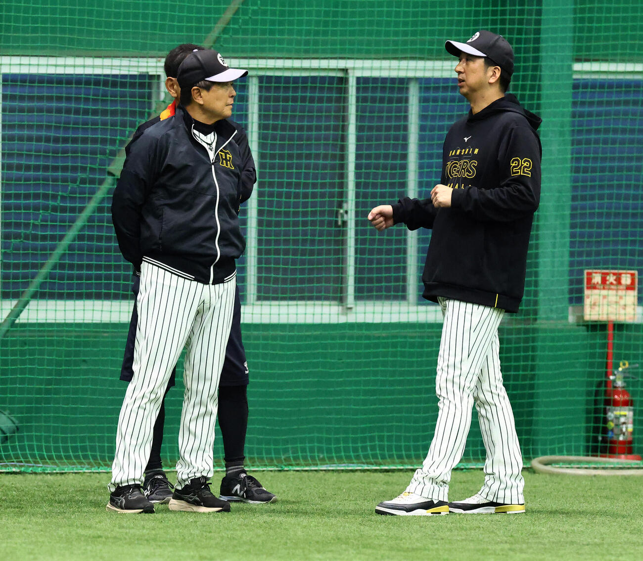 練習中平田勝男ヘッドコーチ（左）と話し込む阪神藤川球児監督（撮影・加藤哉）