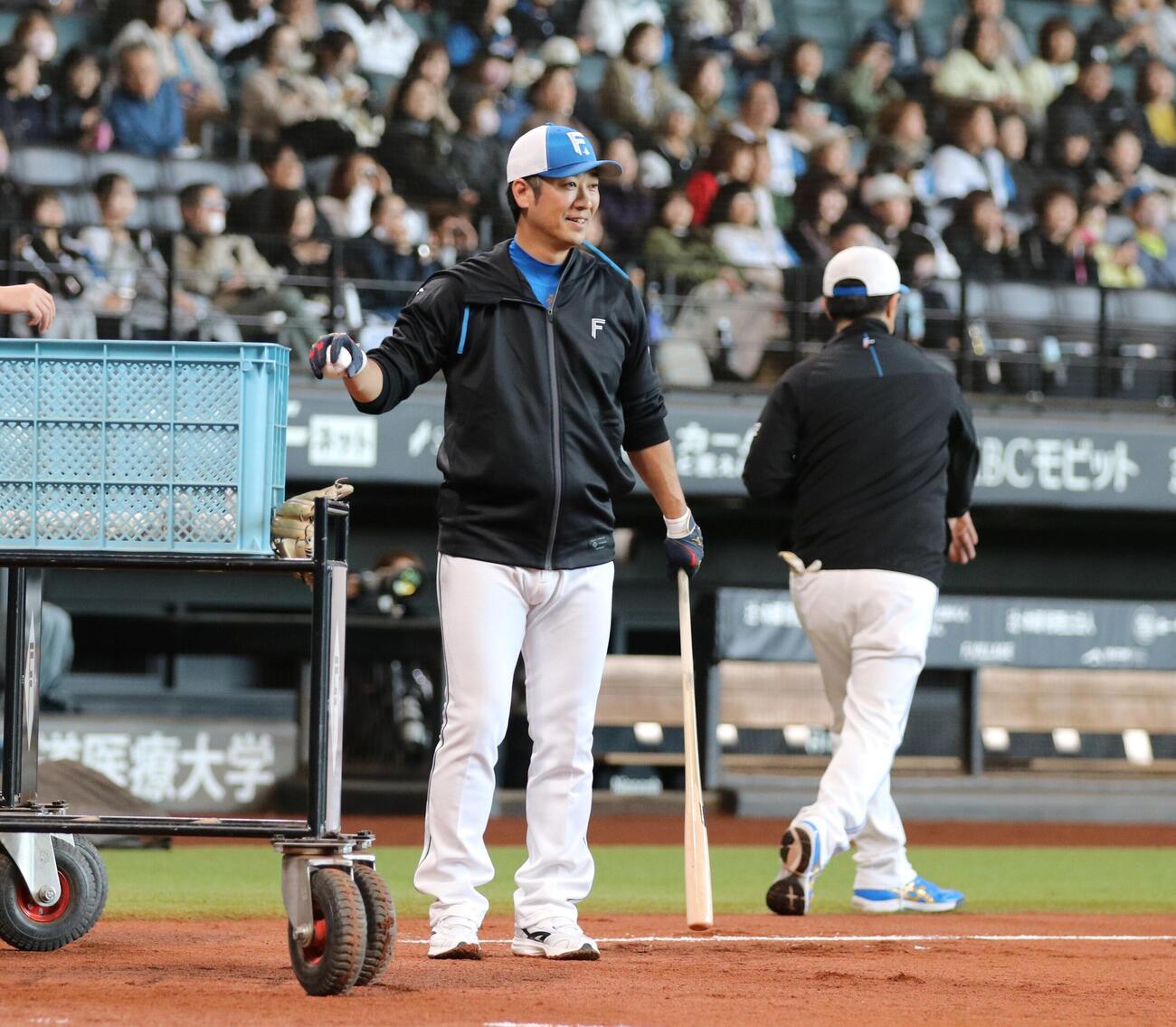 内野ノックを打ちながら笑みを浮かべる日本ハム西岡剛野手総合コーチ（撮影・中島宙恵）