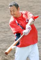 打撃練習する広島黒田(共同)