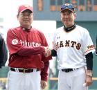 握手する楽天大久保監督（左）と巨人原監督（撮影・山崎安昭）