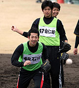 内野ノックで汗を流す阪神石川（撮影・上田博志）