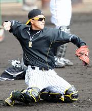 座ったままで二塁への送球を見せる阪神城島健司(撮影・河南真一)