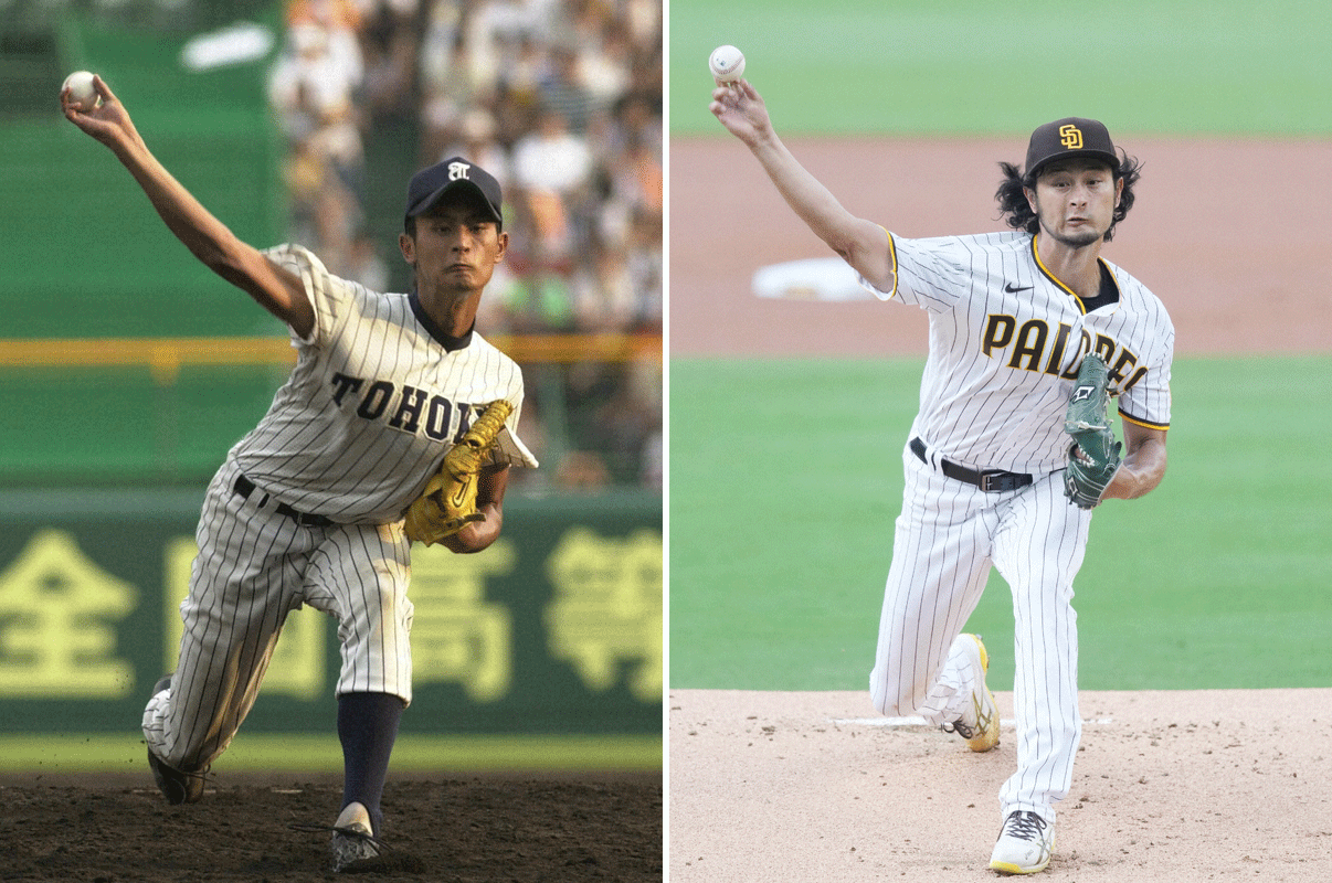 左は東北高時代に甲子園で力投、右は昨季パドレスで16勝を挙げたダルビッシュ