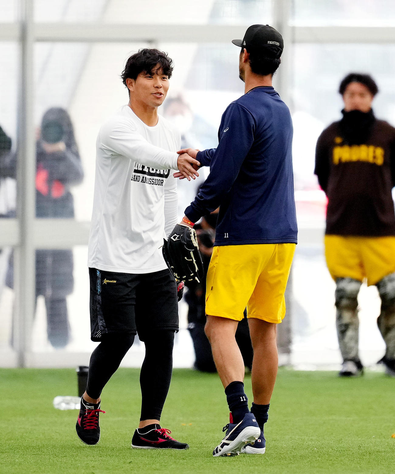 ひなた木の花ドームに訪れ、キャッチボールを終えて大城（左）と握手をするダルビッシュ（撮影・菅敏）