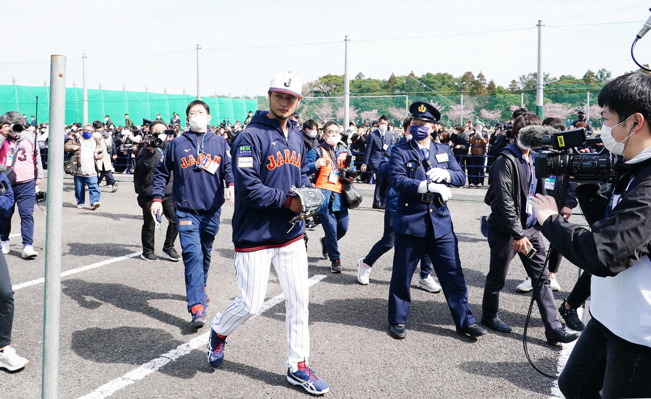 侍ジャパン強化合宿初日、施設を移動するダルビッシュ（手前）（撮影・菅敏）